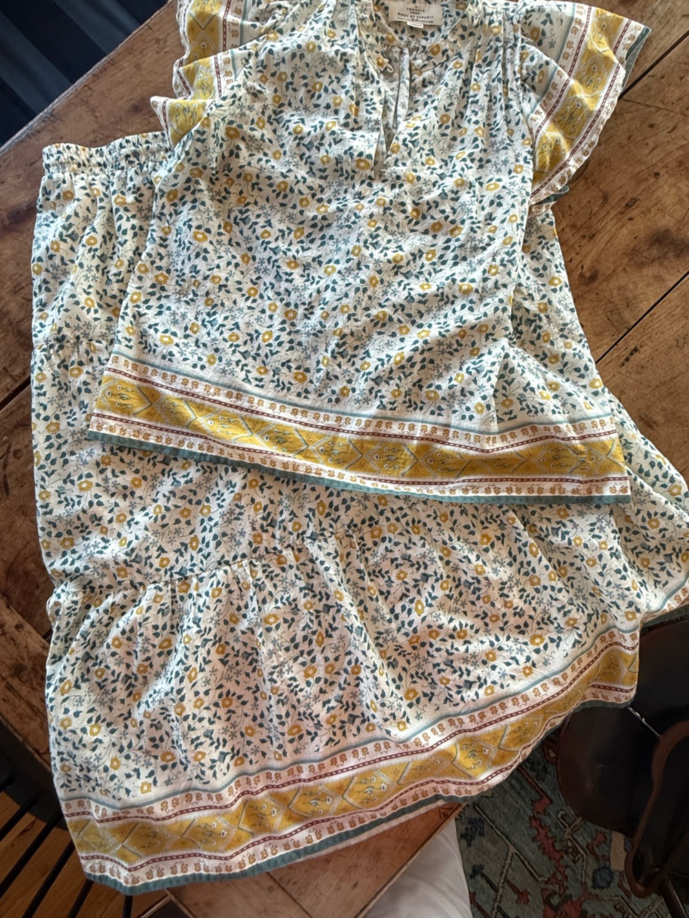 Trovata Floral Tiered Maxi Skirt  and blouse in Yellow and Green